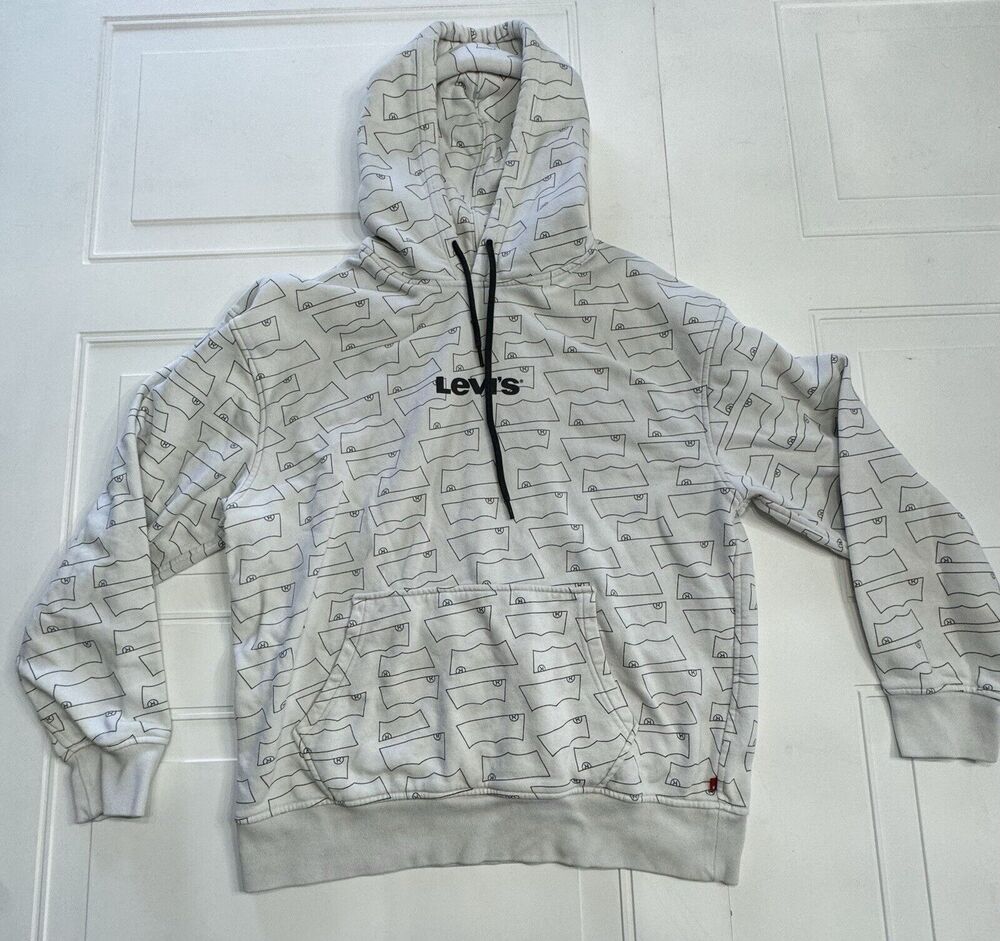 Levi’s Mens Sz M White Logo Tag Design Pullover Hoodie Hooded Sweatshirt